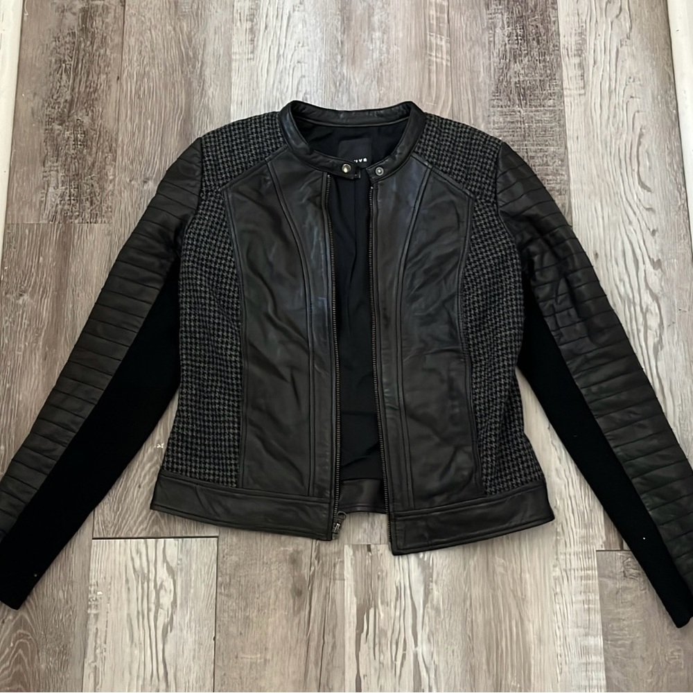 TROUVÉ Faux Leather Moto Sweater Jacket with Wool Houndstooth Lining